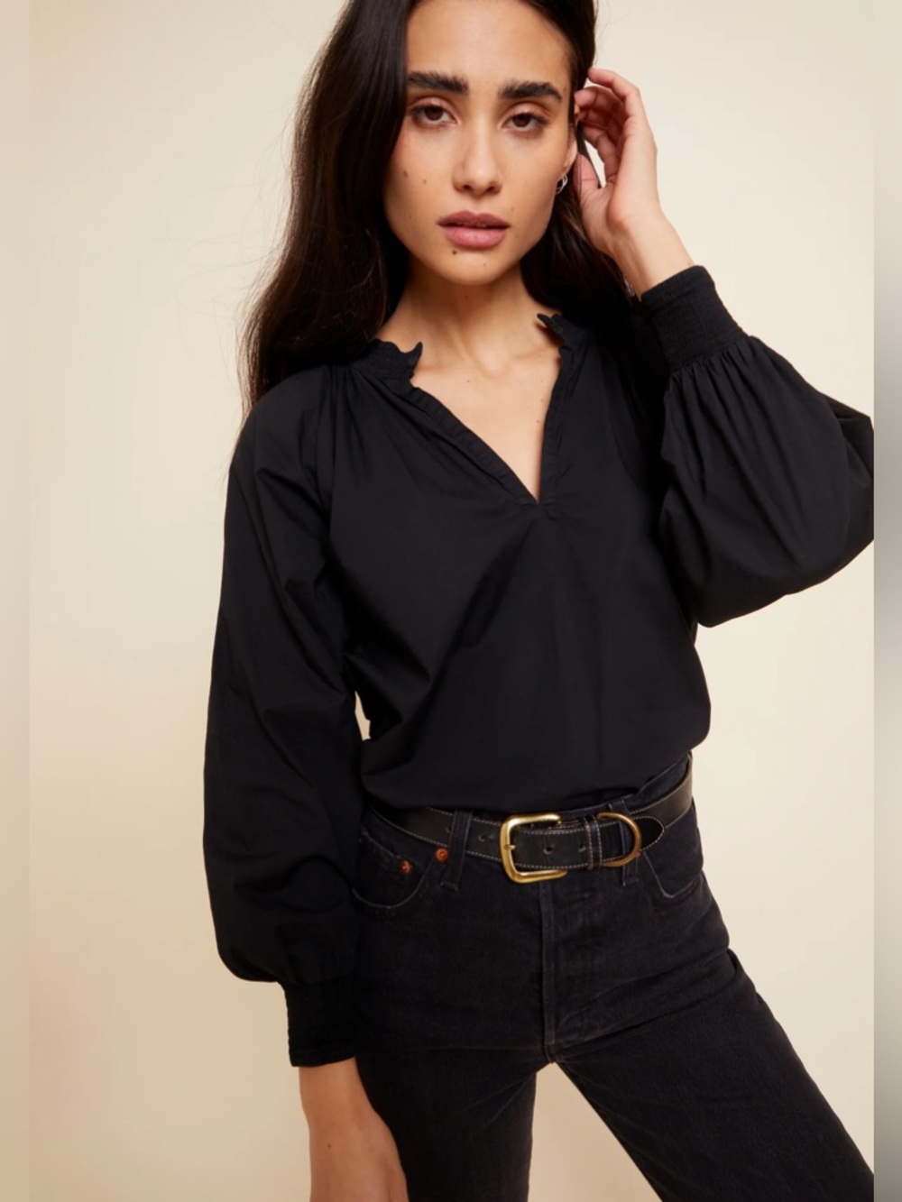 Nation LTD Estelle peasant Black V-Neck Puff Sleeve top xl Pima cotton cottage